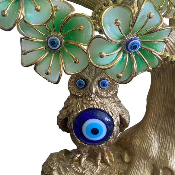 Turkish Blue Evil Eye Tree with Painted Golden Owl Statue Artificial Flowers - Picture 7 of 9